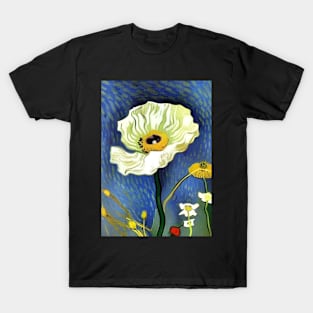 CREAM POPPY WITH BLUE AND GREEN BACKGROUND T-Shirt